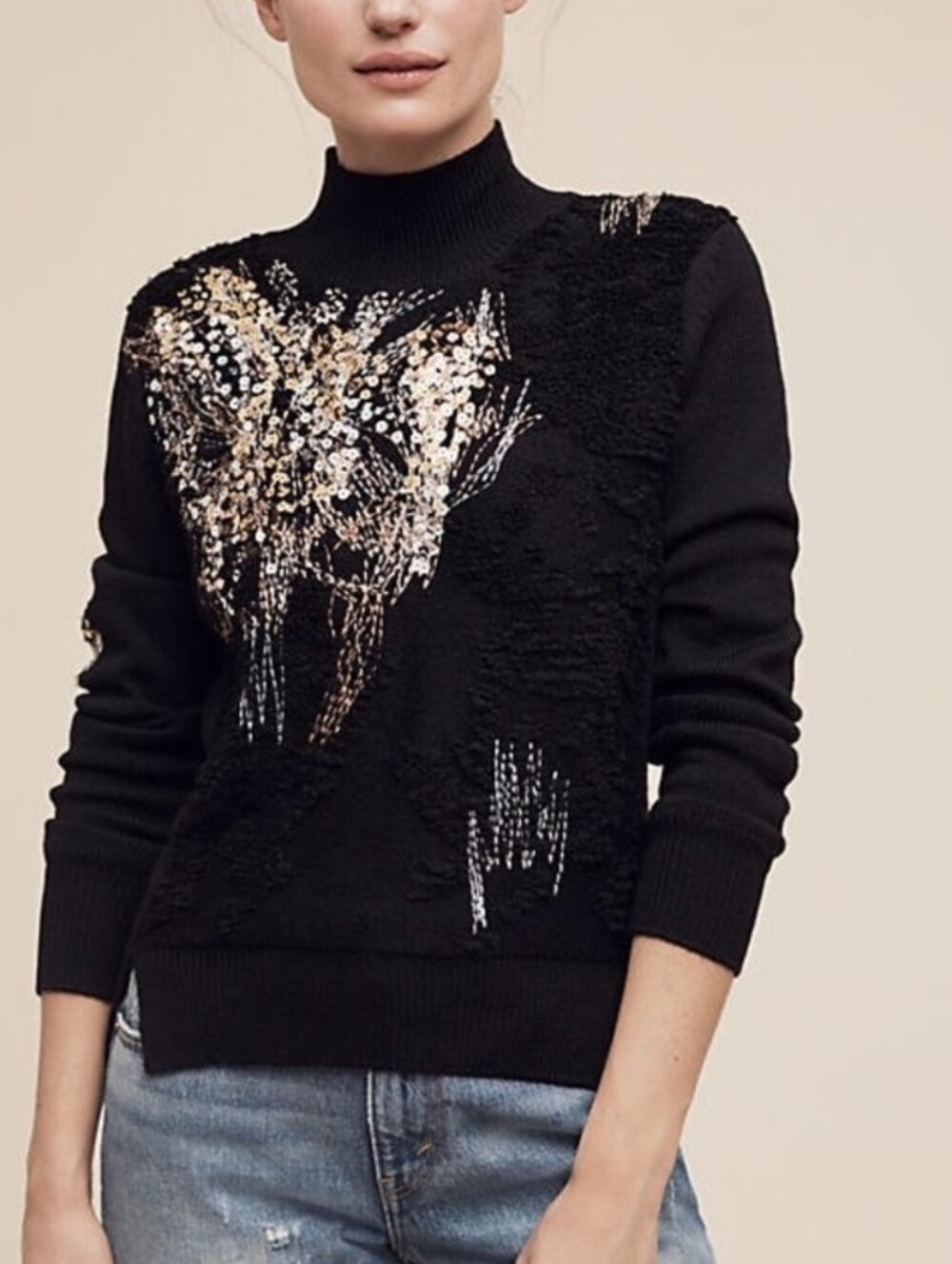 Anthropologie Black Sequin Embellished Women's Sweater Size Small